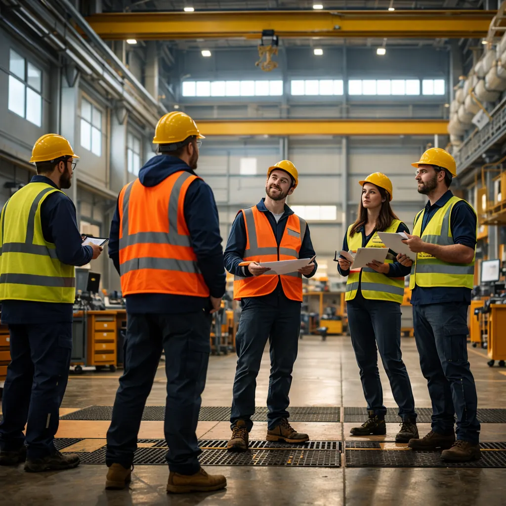 Safety team in hard hats and vests meeting on a factory floor